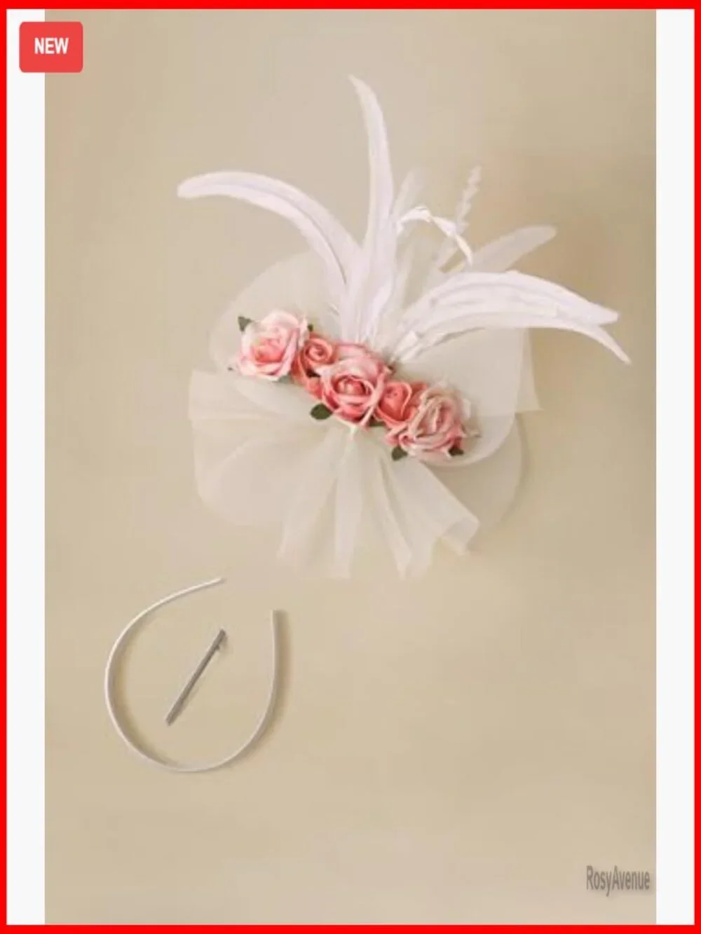 White Fascinator Hat with Feathers Flowers Headband Hair Clip Derby